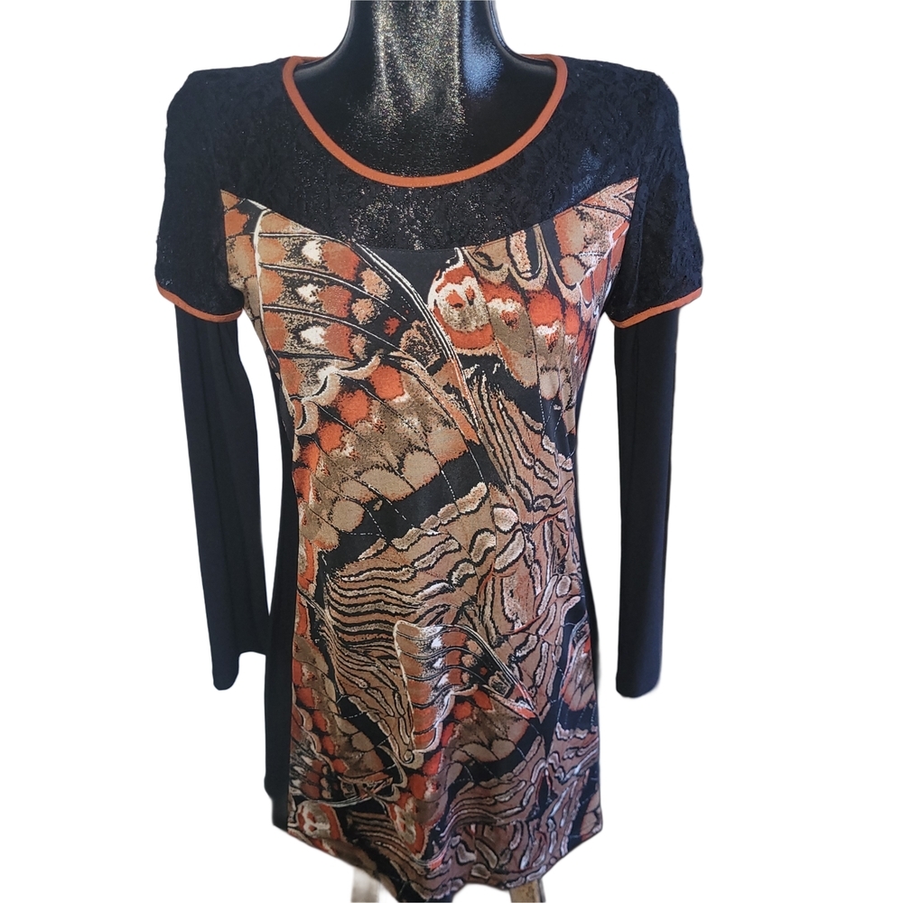 Goa Black and Orange Women's Lace Detailed Long Sleeve Top